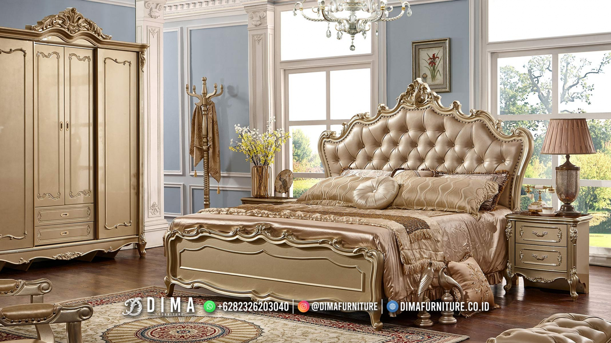 Desain Interior Kamar Tidur Ukir Mewah Warna Emas Elegant BM157