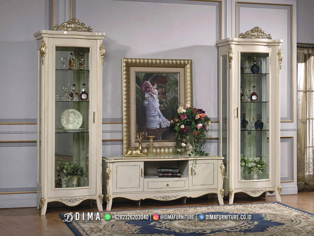 Harga Set Meja TV Mewah Putih Jepara Luxury Classic Furniture BM254