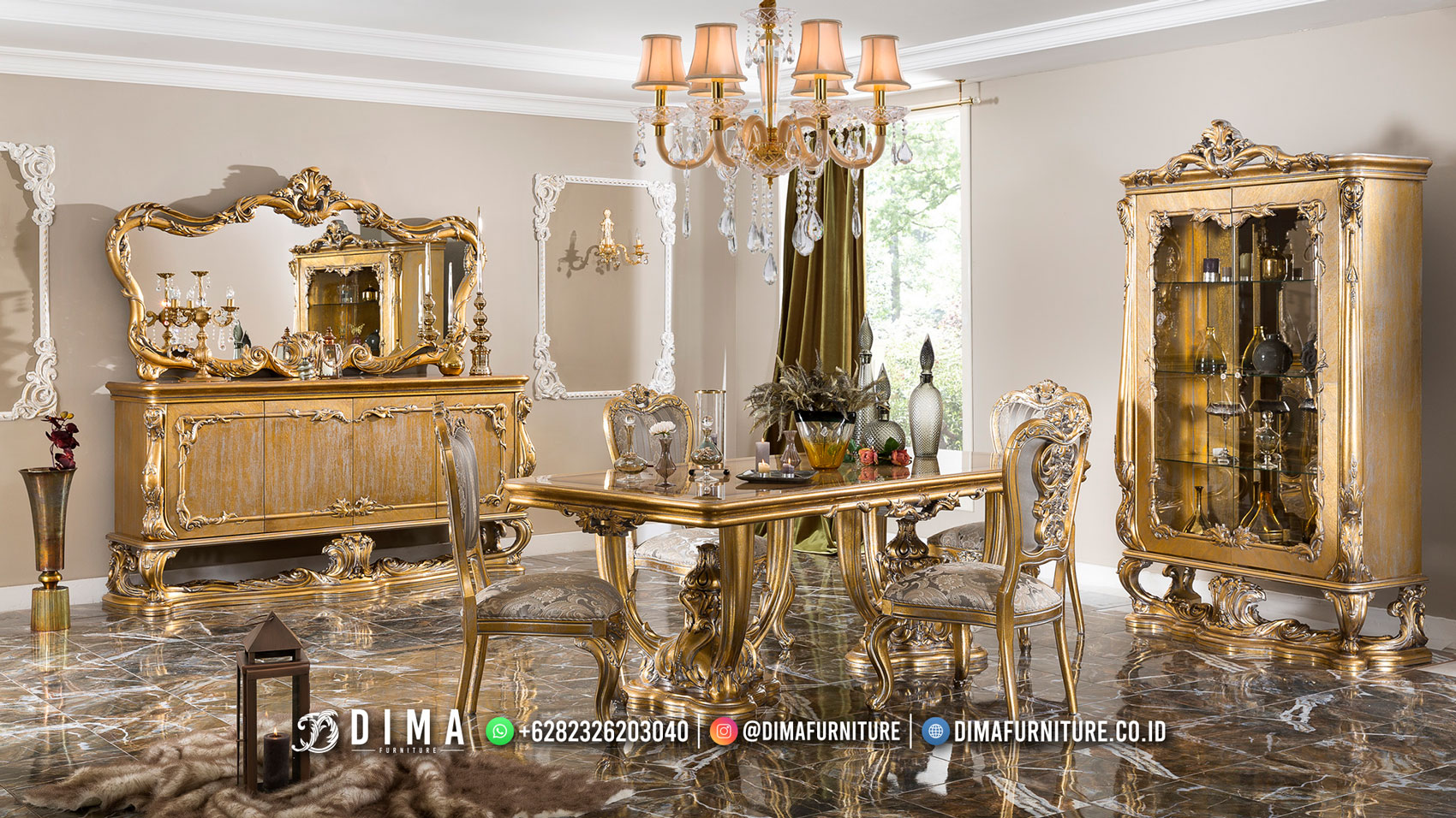 Meja Makan Terlaris Desain Mewah Furniture Jepara Gold Duco Glamours BM352