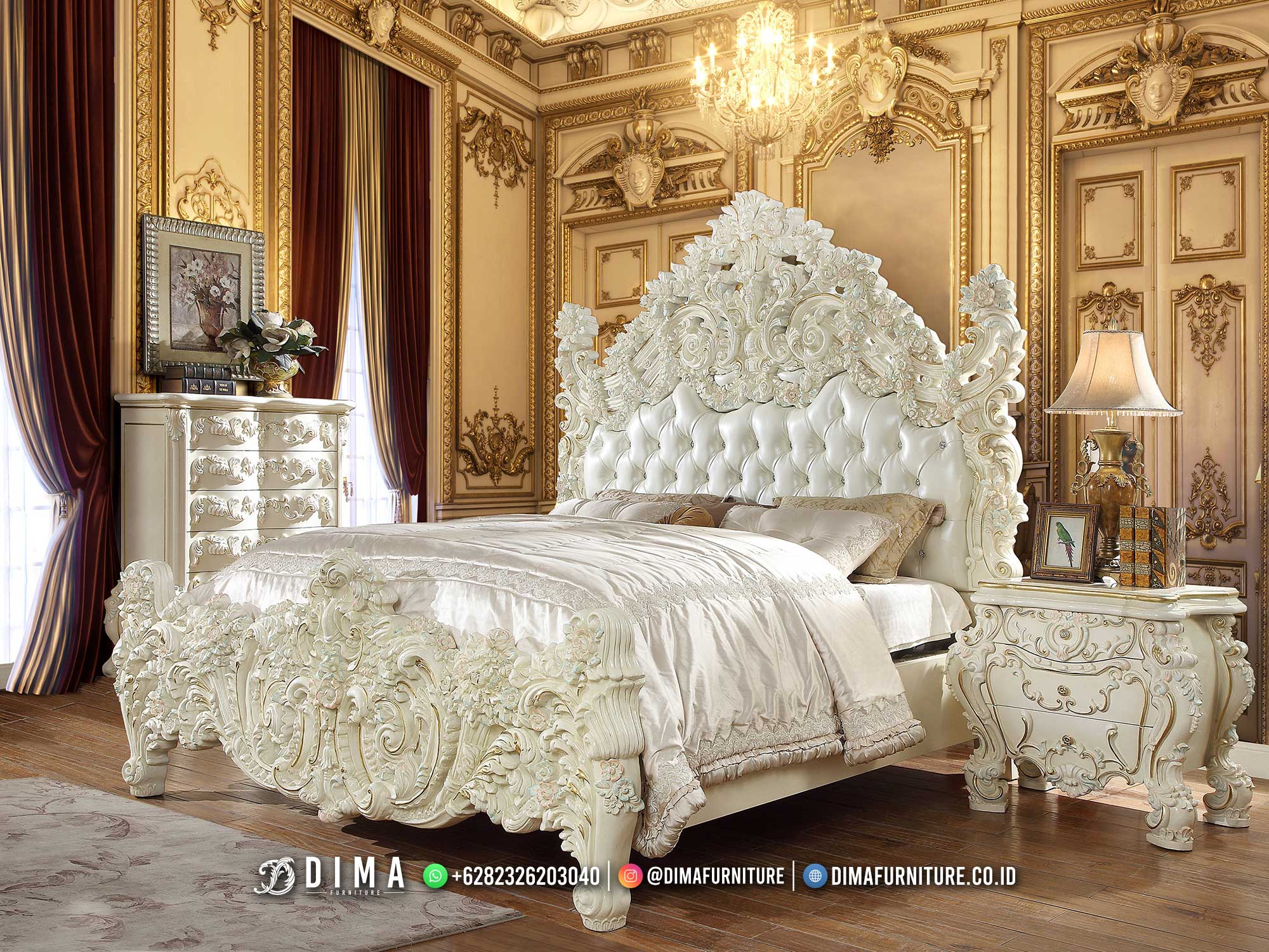 Promo Awal Tahun Kamar Set Mewah Putih Glamours Carving King BM527